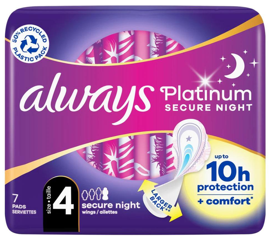 ALWAYS MAANDVERBAND PLATINUM SECURE NIGHT TAILLE 4 7 PCS