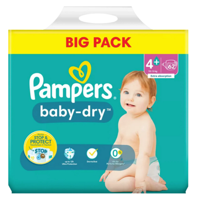 PAMPERS BABY DRY MAXI PLUS MAAT 4+ (10-15KG) BIG PACK 62PCS