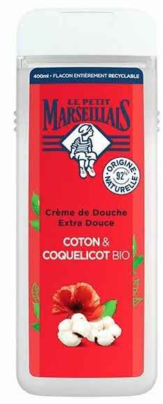 LE PETIT MARSEILLAIS DOUCHE 400 ML KATOEN EN KLAPROOS TRANSPARANT
